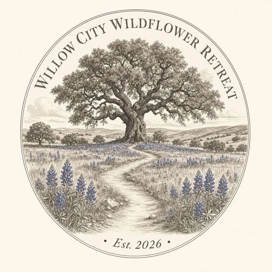 Willow City Wildflower Retreat heritage seal — a lone live oak reached by a winding path through bluebonnets